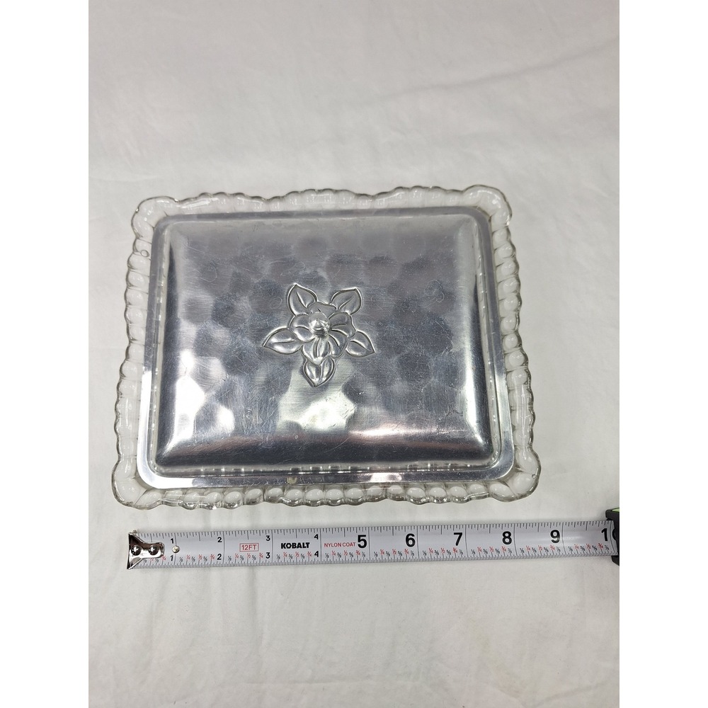 Vintage Glass Divided Relish Dish Hammered Aluminum Lid Floral Serving Tray 10"